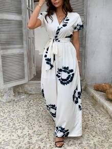 DAZY Women's Summer Tie-Dye Print Surplice Neck Belted Wide Leg Jumpsuit For Women Lounge Sets For Women - White - View 3
