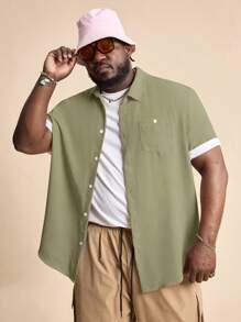 EASEVO 大码休闲短袖梭织衬衫 - 橄欖綠 - 查看 4