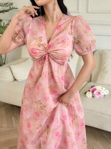 Modelyn Women V-Neck Short Sleeve Floral Print Mid-Calf Length Dress