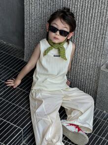 DAZY 2 件套小男孩圆领无袖 T 恤和长裤，秋季服装，返校服装 - 白色 - 查看 6