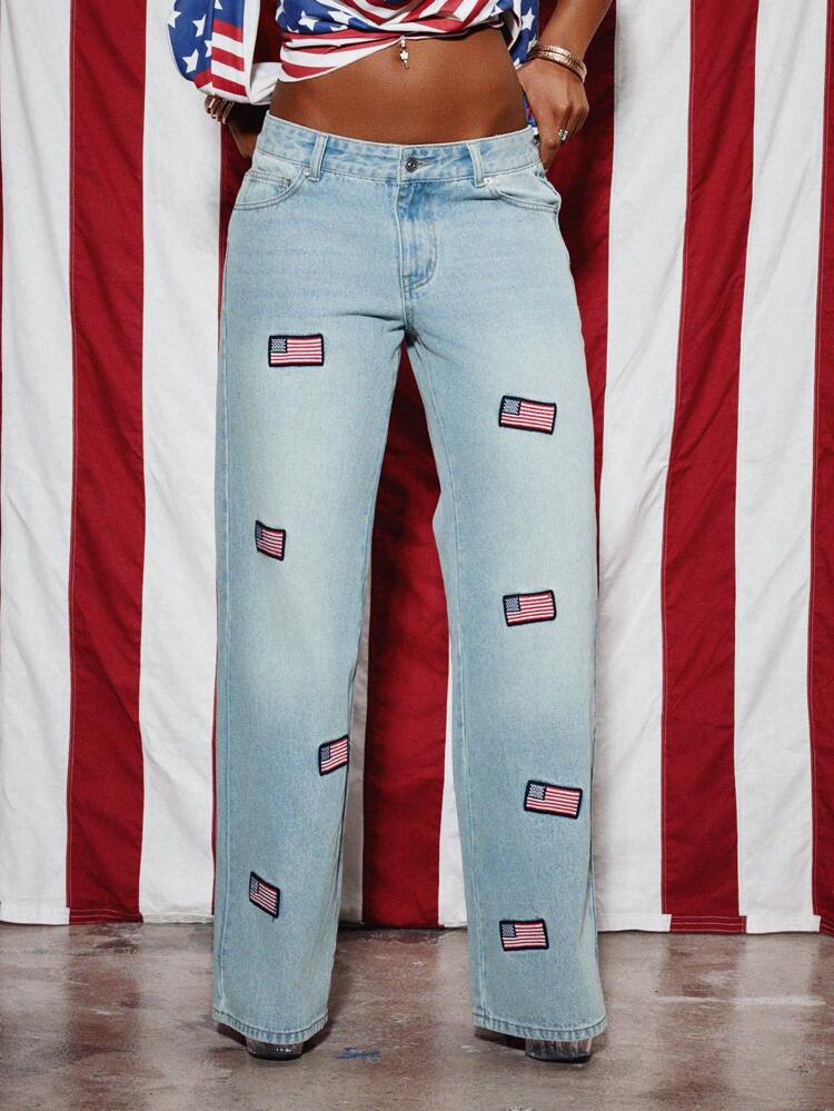 SUMWON WOMEN Patriotic American Flag Embroidered Light Wash Wide Leg Jeans