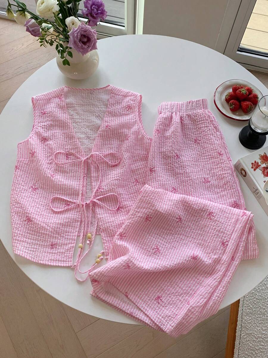Comfortcana 大码女式 2 件套蝴蝶结印花夏季粉色条纹背心和裤子套装，2 件套夏季服装女士夏季服装 - 粉色 - 查看 1