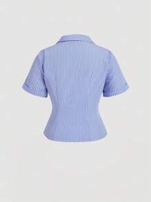 SHEIN MOD Plus Size Women Blue & White Polo Collar Side Tie Waist Short Sleeve Blouse,Bowknot At The Side, Short Striped Top, Asymmetrical Hem