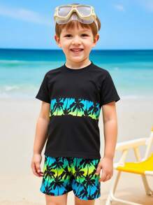 男童棕榈树印花短袖泳衣上衣和短裤