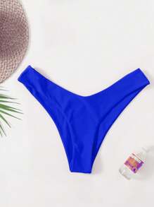 SHEIN Swim 夏日海滩纯色高腰比基尼泳裤 - 寶藍色 - 查看 3