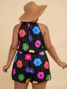 Travachic Plus Size Women Floral Print Waist Tie Halter Romper - Multicolor - View 2