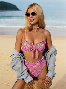 Swim Mod Women Random Floral Print Cute Ruffled High Waist Bikini Set, Summer - Multicolor - View 8