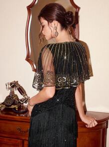 Vintamour Vintage 1pc Women Sequin Contrast Mesh Splice Top 1920s Party Cloak With Sequin Embroidery , Summer - Black and Gold - View 2