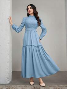 Graceveil 女式纯色立领长袖蕾丝腰收腰长裙，夏季 - 淺藍色 - 查看 8