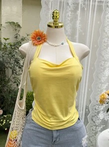 Comfortcana Plus Size Women's Casual Solid Color Ruched Halter Top, Summer - Yellow - View 3