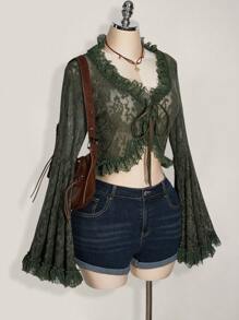 SHEIN ICON 加大码军绿色喇叭袖口蕾丝拼接前系带蝴蝶结 V 领毛衣上衣，适合暑假、毕业季、返校季、音乐节、波西米亚风