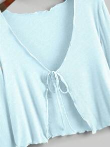 Calvaya Áo kiểu nữ cỡ lớn, gợi cảm, nhẹ, thắt nơ phía trước, tay dài, màu xanh dương, đa năng cho mùa xuân, hè, thu và kỳ nghỉ. - Màu xanh nhạt - Xem 4