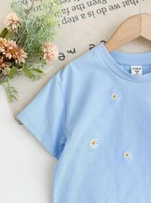 SHEIN LMoss Kids Áo thun cổ tròn rộng rãi thêu họa tiết cho bé gái - Màu xanh lam - Xem 6
