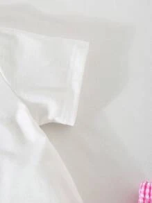 Conjunto informal de 2 piezas para niñas con camiseta de manga corta de cuello redondo a cuadros con lazo y shorts elásticos a la cintura con lazo a cuadros - Rosa - Ver 4