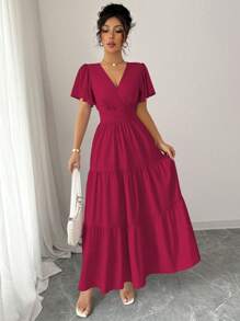Elenzga Spring/Summer 2025 New Elegant French Style Waist Cinching Slim Fit Purple Short Sleeve Dress - Burgundy - View 4