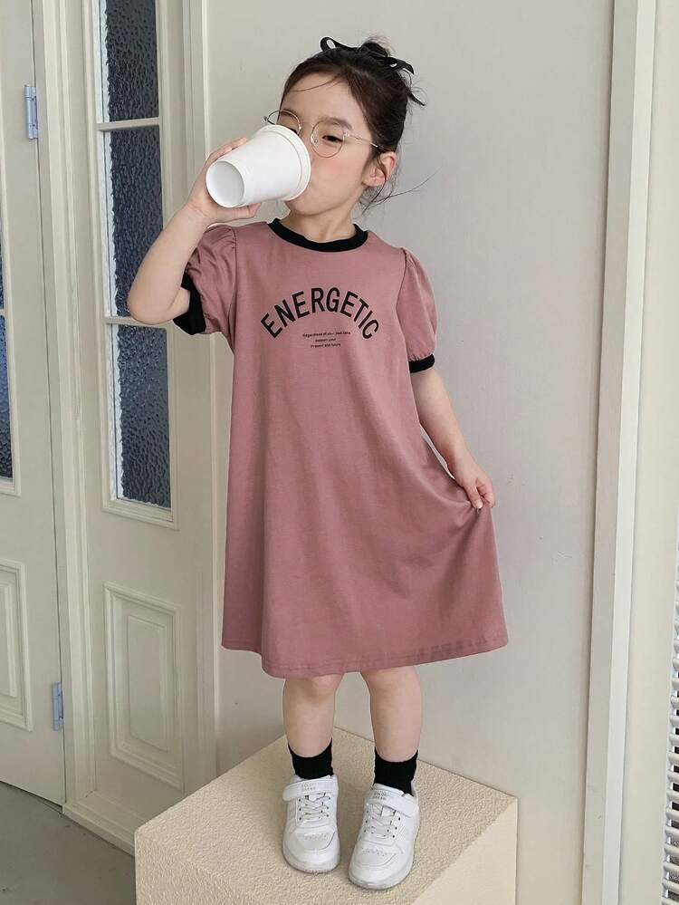 Young Girl Summer Letter Print Round Neck Short Puff Sleeve Casual Dress