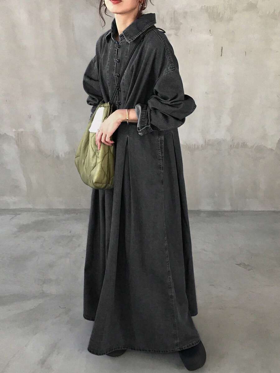 FRIFUL 女式宽松蓝色水洗牛仔褶皱连衣裙 - 灰色 - 查看 1