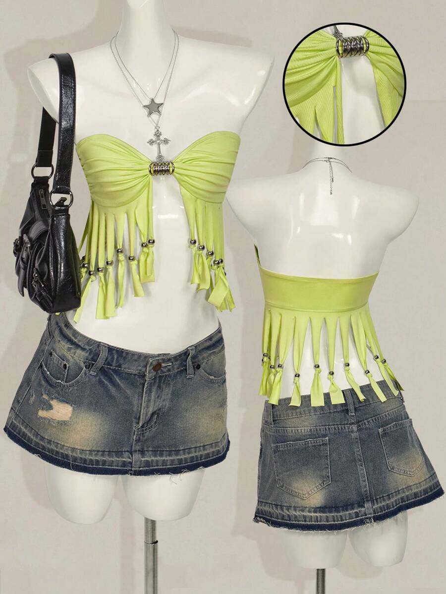 SHEIN ICON Top tubo con dobladillo con flecos sexy para mujer en verano - Verde - Ver 1