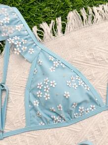 Swim Mod 2pcs Women Summer Beach Vacation Sweet & Cute Random Printed Mesh Swimwear Set - Blue - View 4