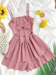 SHEIN Teen Girls' Chiffon Textured Bubble Layered Ruffle Cinched Waist Romper Jumpsuit, Pink, Casual For Spring & Summer - Pink - View 2