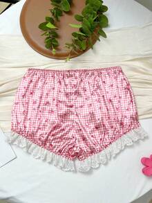 سراويل داخلية قصيرة ذات خطوط متقاطعة وأزهار صغيرة مطرزة بالدانتيل للأطفال - وردي - مشاهدة 2