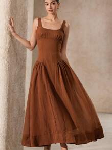 Revavyn Summer Lightweight Breathable Linen-Like Fabric Sweet & Slimming Square Neck Sleeveless Cinched Waist Flared Dress For Ladies - Brown - View 3