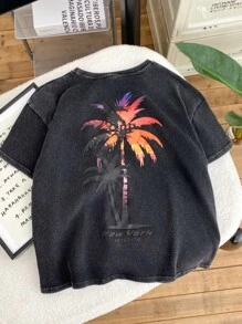 儿童/青少年男童休闲百搭舒适棕榈树图案印花卫衣，宽松版型，短袖 - 黑色 - 查看 6