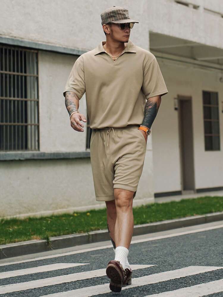 Summer Solid Color Golf Polo Collar Green T-Shirt Set For Men