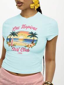 SUMWON WOMEN Las Tropicas Surf Club 婴儿 T 恤复古海滩图案夏季短款上衣复古海岸印花度假装 - 藍色 - 查看 6
