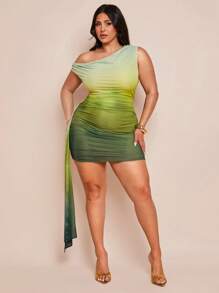 SHEIN BAE 大码女式春夏度假海滩优雅露肩丝带绿色渐变迷你连衣裙，夏季服装