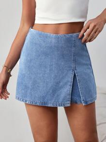 SHEIN Tall Quần short denim nữ, quần váy ngắn vừa vặn thường ngày, màu xanh - Rửa trung bình - Xem 4