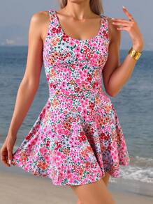 Swim Mod 2 Pcs Set: Ditsy Floral Ruched Waist Summer Beach Holiday Dress With Matching Bikini Bottoms - Multicolor - View 3