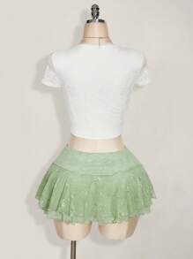 SHEIN ICON Falda midi acampanada de talla grande con cintura alta, en verde claro con parches de encaje, adecuada para el verano y las vacaciones - Verde - Ver 2