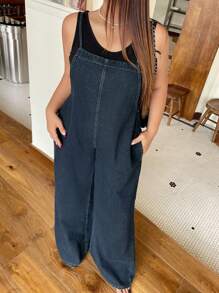 Dazy Plus Plus Size Dark Wash Loose Fit Denim Bib Overall Long Jumpsuit, All Season