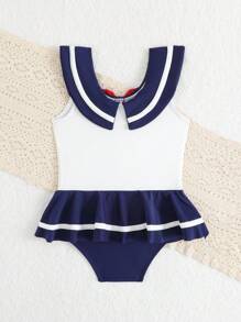 Baby Girl Contrast Color Bow Decor Cute One-Piece Swimsuit - Multicolor - View 2