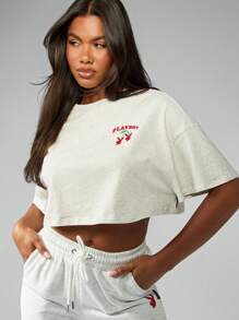 Missguided x Playboy 超大樱桃图案休闲 T 恤春夏短款上衣家居服街头风格休闲装 - 灰色 - 查看 7