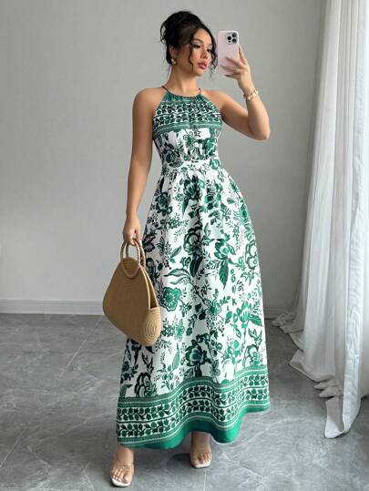 Elenzga 女士优雅时尚淑女魅力海滩度假无袖挂脖收腰印花长裙（随机印花）