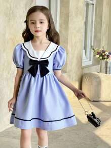 SHEIN Elladie kids Vestido de Princesa com Gola Marinha e Mangas Bufantes para Meninas Jovens, Detalhe Fofo de Laço, Cor Azul Claro, Vestido Casual Escolar/Formal para Uso Diário e Passeio - Azul - Visão 3