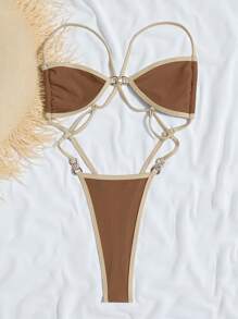 Swim Vcay 女士夏季沙滩装连体泳衣吊带丁字裤比基尼性感泳装，欧美风格 - 咖啡棕 - 查看 2