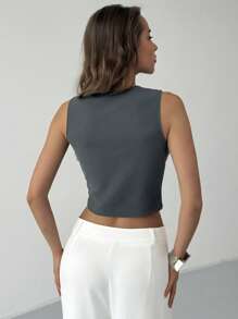 Aloruh Nueva Camiseta de Tirantes Ajustada con Cuello Redondo, Decoración con Hebilla y Recortes Sexy, para Salir - Gris - Ver 2