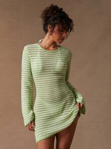 NYA SZN 针织钩针铃铛长袖夏季连衣裙圣帕特里克节新娘宾客婚礼舞会特殊场合复活节连衣裙淡绿色条纹音乐节女装 - 彩色 - 查看 1