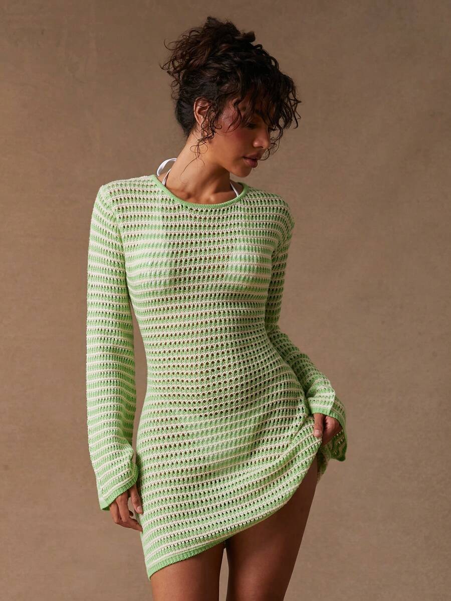 NYA SZN 针织钩针铃铛长袖夏季连衣裙圣帕特里克节新娘宾客婚礼舞会特殊场合复活节连衣裙淡绿色条纹音乐节女装 - 彩色 - 查看 1