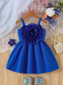 SHEIN Baby Girls Elegant & Sheer Floral Decor Cami Sun Dress With Gathers And Elastic Waist, Lightweight & Soft Fabric, Spring Dress Suitable For Parties And Outings - Blue - View 1