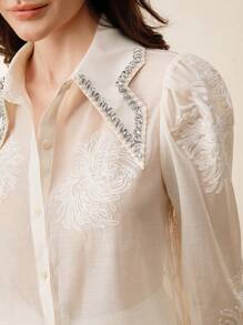 Women's Elegant Rhinestone Embroidered Floral Collar Blouse - White - View 1