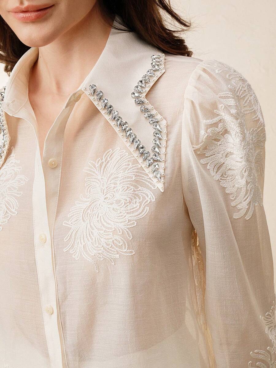 Women's Elegant Rhinestone Embroidered Floral Collar Blouse - White - View 1