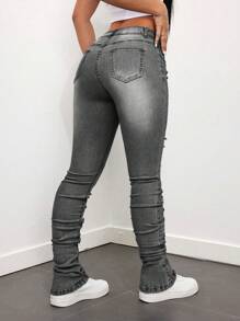 SHEIN ICON Jeans ajustados para mujer de talle bajo con lavado desgastado