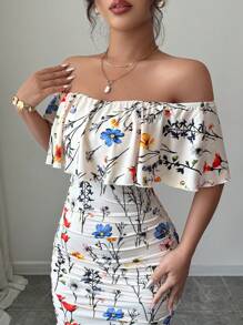 Selianne Đầm bodycon trễ vai bèo nhún in họa tiết nhiệt đới cho trang phục đi biển dành cho nữ - Nhiều màu - Xem 6