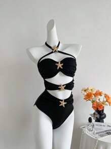 SHEIN Unity 黑色镂空金色海星装饰露背连体衣，超级有弹性，柔软舒适，适合游泳、海滩、休闲、派对，极简主义设计，适合夏季 - 黑色 - 查看 1