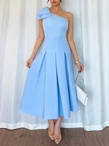 SHEIN Unity Vestido largo de línea A con hombro asimétrico y cintura - Azul - Ver 5