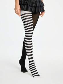 ROMWE Grunge Punk 1 Pair Gothic Punk-Style Black & Striped Tights, Halloween - Black and White - View 4